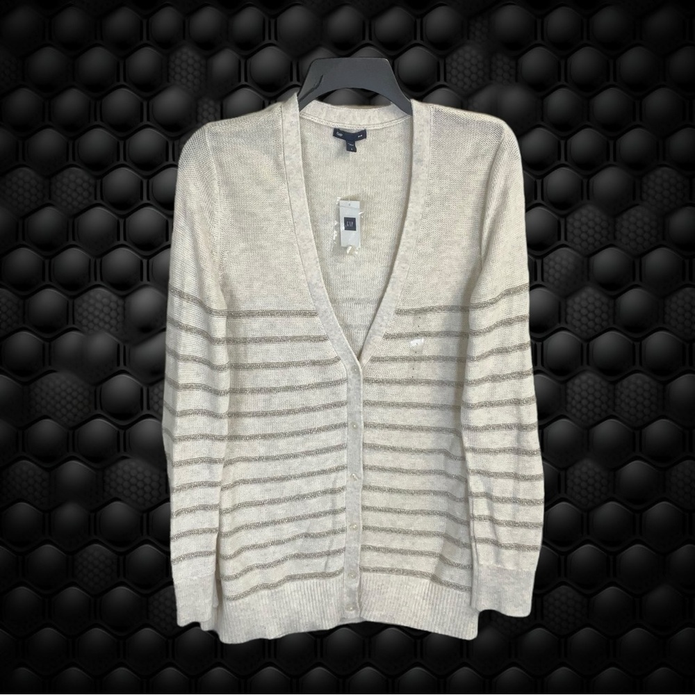 Gap New w Tag Marbled Beige w Metallic Gold Striping Button Cardigan Women Large